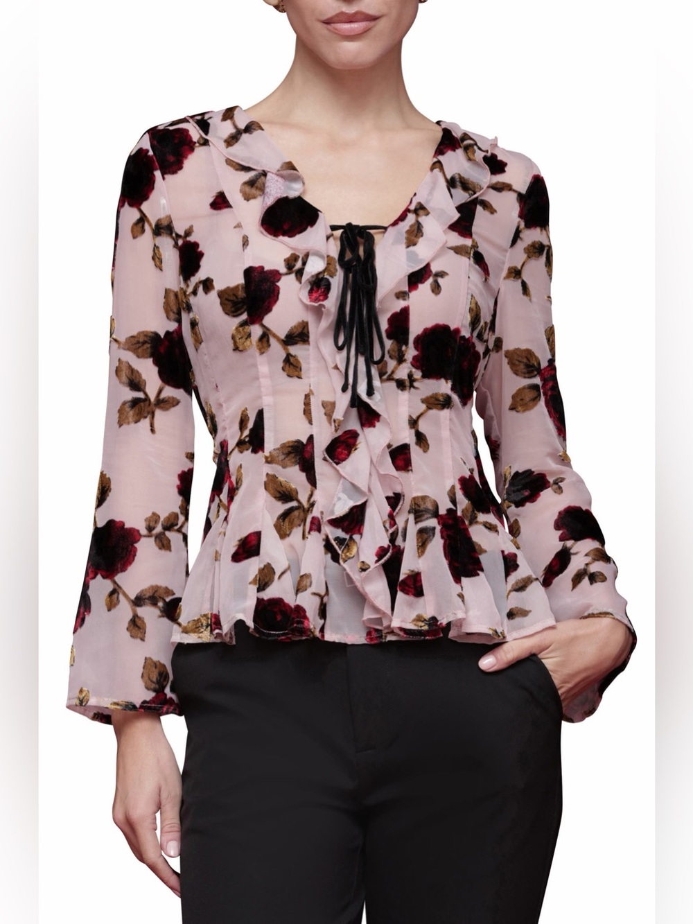 Avec Les Filles Burnout Velvet Floral Ruffle Blouse Pink Size S NWT - Picture 1 of 9